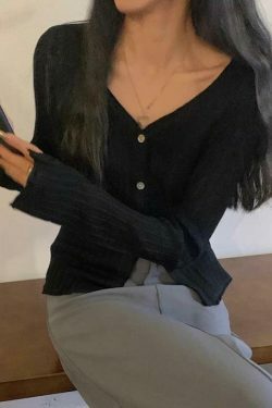 Coquette Aesthetic V-Neck Ribbed Thin Long Sleeve Knit Sweater