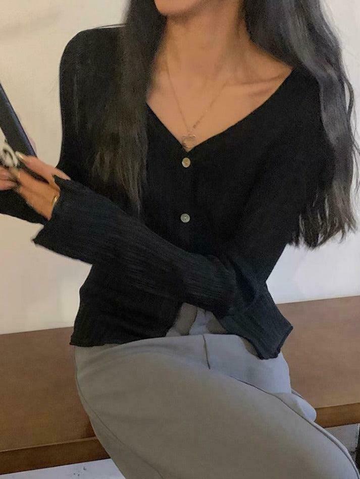 Coquette Aesthetic V-Neck Ribbed Thin Long Sleeve Knit Sweater Coquette Aesthetic V-Neck Ribbed Thin Long Sleeve Knit Sweater