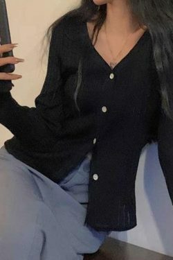 Coquette Aesthetic V-Neck Ribbed Thin Long Sleeve Knit Sweater