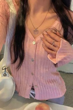 Coquette Aesthetic V-Neck Ribbed Thin Long Sleeve Knit Sweater