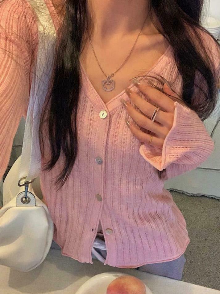 Coquette Aesthetic V-Neck Ribbed Thin Long Sleeve Knit Sweater Coquette Aesthetic V-Neck Ribbed Thin Long Sleeve Knit Sweater