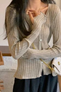 Coquette Aesthetic V-Neck Ribbed Thin Long Sleeve Knit Sweater
