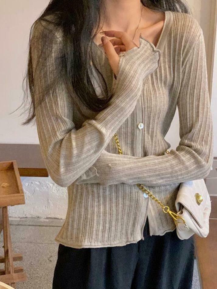 Coquette Aesthetic V-Neck Ribbed Thin Long Sleeve Knit Sweater Coquette Aesthetic V-Neck Ribbed Thin Long Sleeve Knit Sweater