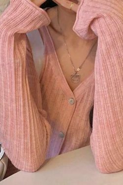 Coquette Aesthetic V-Neck Ribbed Thin Long Sleeve Knit Sweater