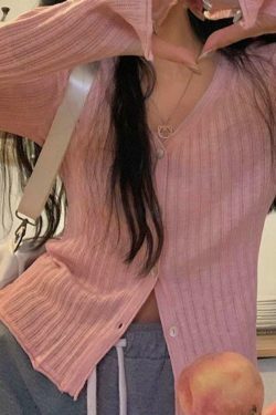 Coquette Aesthetic V-Neck Ribbed Thin Long Sleeve Knit Sweater