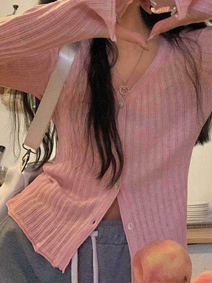 Coquette Aesthetic V-Neck Ribbed Thin Long Sleeve Knit Sweater Coquette Aesthetic V-Neck Ribbed Thin Long Sleeve Knit Sweater