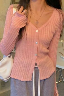 Coquette Aesthetic V-Neck Ribbed Thin Long Sleeve Knit Sweater