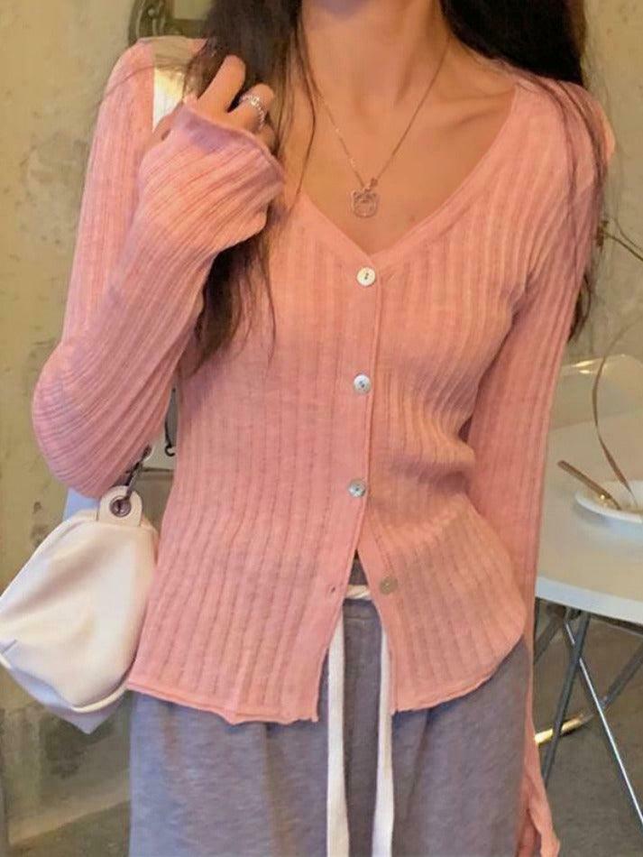 Coquette Aesthetic V-Neck Ribbed Thin Long Sleeve Knit Sweater Coquette Aesthetic V-Neck Ribbed Thin Long Sleeve Knit Sweater