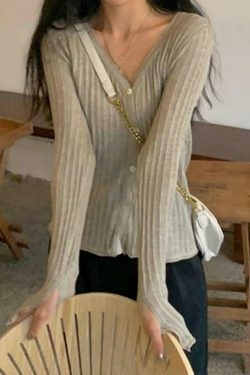 Coquette Aesthetic V-Neck Ribbed Thin Long Sleeve Knit Sweater