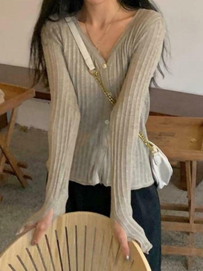 Coquette Aesthetic V-Neck Ribbed Thin Long Sleeve Knit Sweater Coquette Aesthetic V-Neck Ribbed Thin Long Sleeve Knit Sweater