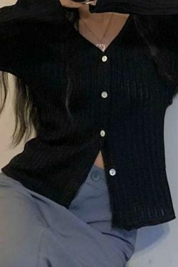 Coquette Aesthetic V-Neck Ribbed Thin Long Sleeve Knit Sweater