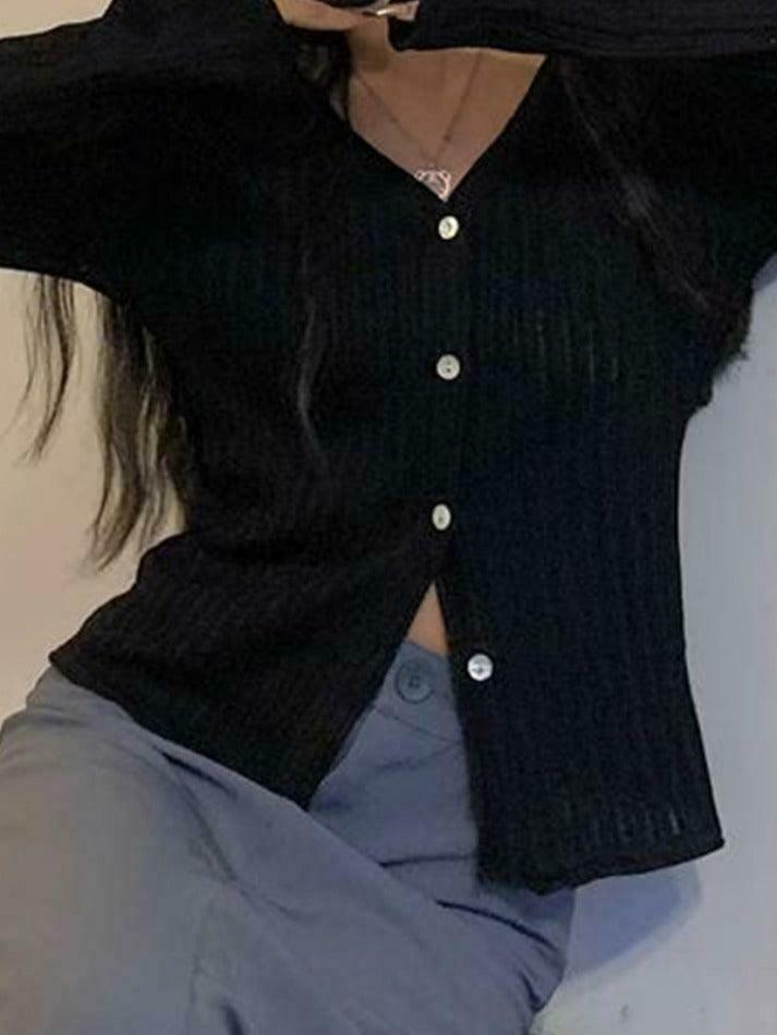 Coquette Aesthetic V-Neck Ribbed Thin Long Sleeve Knit Sweater Coquette Aesthetic V-Neck Ribbed Thin Long Sleeve Knit Sweater