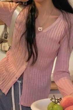 Coquette Aesthetic V-Neck Ribbed Thin Long Sleeve Knit Sweater