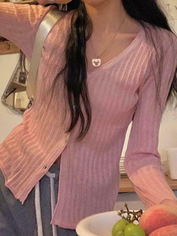 Coquette Aesthetic V-Neck Ribbed Thin Long Sleeve Knit Sweater Coquette Aesthetic V-Neck Ribbed Thin Long Sleeve Knit Sweater