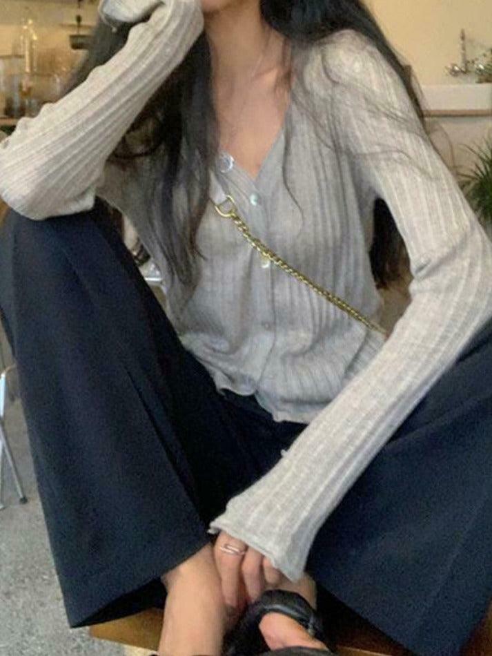 Coquette Aesthetic V-Neck Ribbed Thin Long Sleeve Knit Sweater Coquette Aesthetic V-Neck Ribbed Thin Long Sleeve Knit Sweater