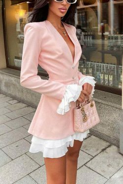 Coquette Aesthetic V-Neck Ruffle Two-Piece Jacket Dress