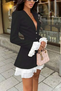 Coquette Aesthetic V-Neck Ruffle Two-Piece Jacket Dress