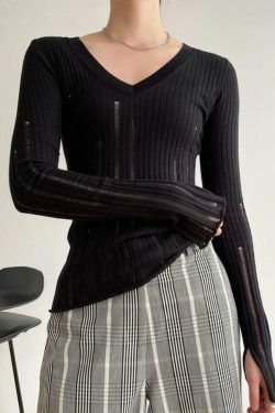 Coquette Aesthetic V-Neck Slim Cutout Long Sleeve Knit Sweater
