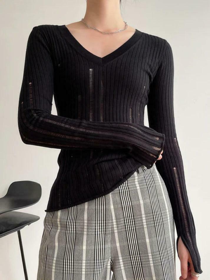 Coquette Aesthetic V-Neck Slim Cutout Long Sleeve Knit Sweater Coquette Aesthetic V-Neck Slim Cutout Long Sleeve Knit Sweater