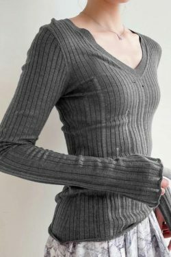 Coquette Aesthetic V-Neck Slim Cutout Long Sleeve Knit Sweater