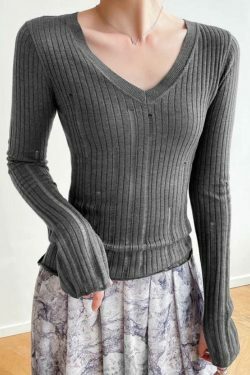 Coquette Aesthetic V-Neck Slim Cutout Long Sleeve Knit Sweater
