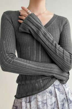 Coquette Aesthetic V-Neck Slim Cutout Long Sleeve Knit Sweater