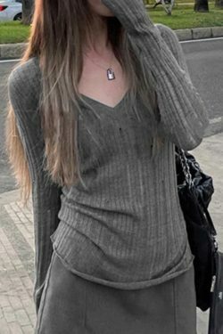 Coquette Aesthetic V-Neck Slim Cutout Long Sleeve Knit Sweater