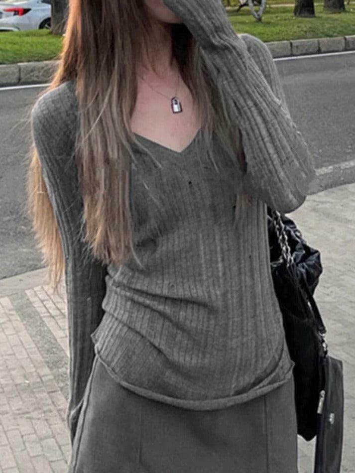 Coquette Aesthetic V-Neck Slim Cutout Long Sleeve Knit Sweater Coquette Aesthetic V-Neck Slim Cutout Long Sleeve Knit Sweater
