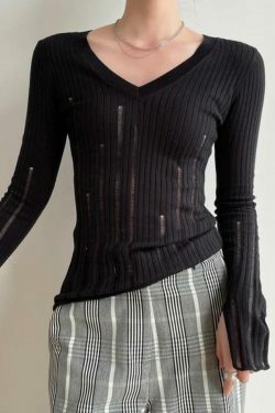 Coquette Aesthetic V-Neck Slim Cutout Long Sleeve Knit Sweater