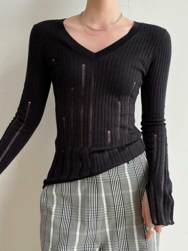 Coquette Aesthetic V-Neck Slim Cutout Long Sleeve Knit Sweater Coquette Aesthetic V-Neck Slim Cutout Long Sleeve Knit Sweater