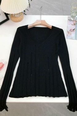Coquette Aesthetic V-Neck Slim Cutout Long Sleeve Knit Sweater
