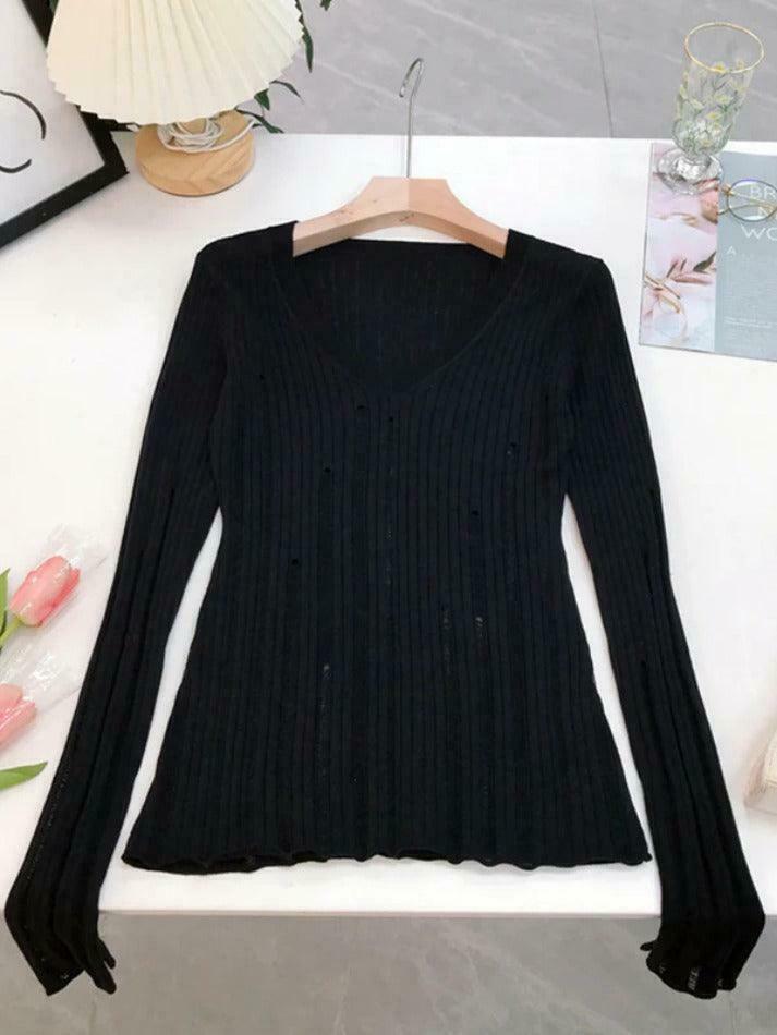 Coquette Aesthetic V-Neck Slim Cutout Long Sleeve Knit Sweater Coquette Aesthetic V-Neck Slim Cutout Long Sleeve Knit Sweater