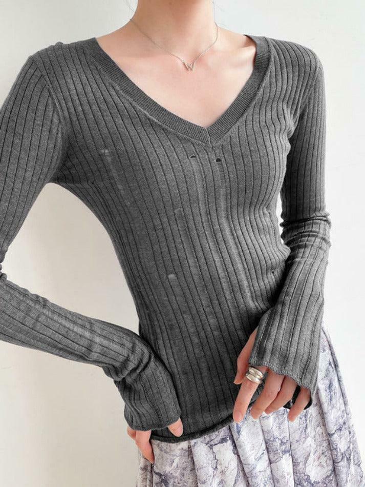 Coquette Aesthetic V-Neck Slim Cutout Long Sleeve Knit Sweater Coquette Aesthetic V-Neck Slim Cutout Long Sleeve Knit Sweater