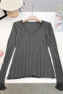 Coquette Aesthetic V-Neck Slim Cutout Long Sleeve Knit Sweater