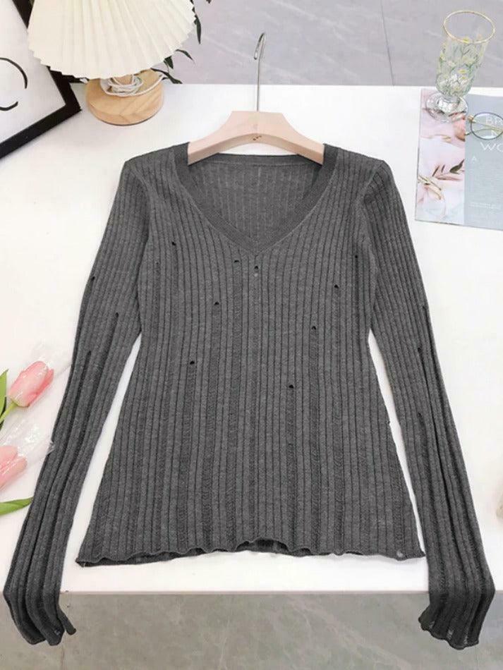Coquette Aesthetic V-Neck Slim Cutout Long Sleeve Knit Sweater Coquette Aesthetic V-Neck Slim Cutout Long Sleeve Knit Sweater