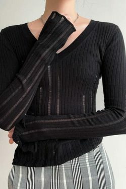 Coquette Aesthetic V-Neck Slim Cutout Long Sleeve Knit Sweater