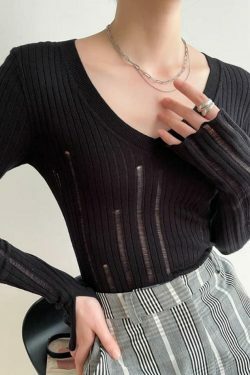 Coquette Aesthetic V-Neck Slim Cutout Long Sleeve Knit Sweater