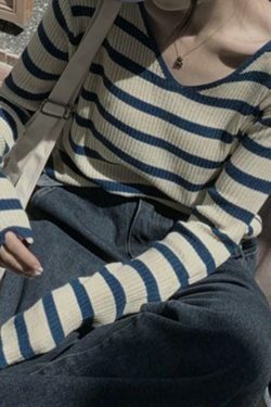 Coquette Aesthetic V-Neck Stripe Knit Sweater - Y2K Fashion Women's Clothing