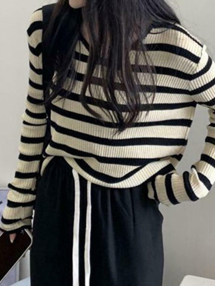 Coquette Aesthetic V-Neck Stripe Knit Sweater - Y2K Fashion Women's Clothing Coquette Aesthetic V-Neck Stripe Knit Sweater - Y2K Fashion Women's Clothing