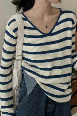 Coquette Aesthetic V-Neck Stripe Knit Sweater - Y2K Fashion Women's Clothing