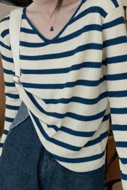 Coquette Aesthetic V-Neck Stripe Knit Sweater - Y2K Fashion Women's Clothing