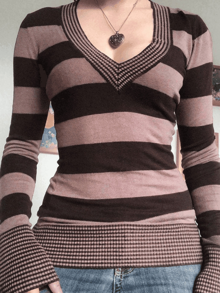 Coquette Aesthetic V-Neck Striped Knit Top - Y2K Fashion, Grunge Style, Cute Tops, Pastel Goth