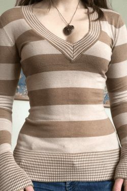 Coquette Aesthetic V-Neck Striped Knit Top - Y2K Fashion, Grunge Style, Cute Tops, Pastel Goth