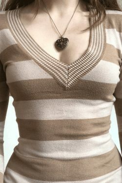 Coquette Aesthetic V-Neck Striped Knit Top - Y2K Fashion, Grunge Style, Cute Tops, Pastel Goth