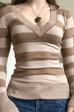 Coquette Aesthetic V-Neck Striped Knit Top - Y2K Fashion, Grunge Style, Cute Tops, Pastel Goth