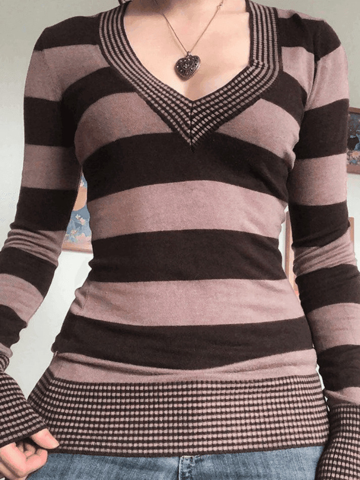 Coquette Aesthetic V-Neck Striped Knit Top - Y2K Fashion, Grunge Style, Cute Tops, Pastel Goth