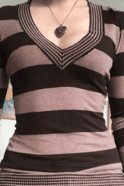 Coquette Aesthetic V-Neck Striped Knit Top - Y2K Fashion, Grunge Style, Cute Tops, Pastel Goth