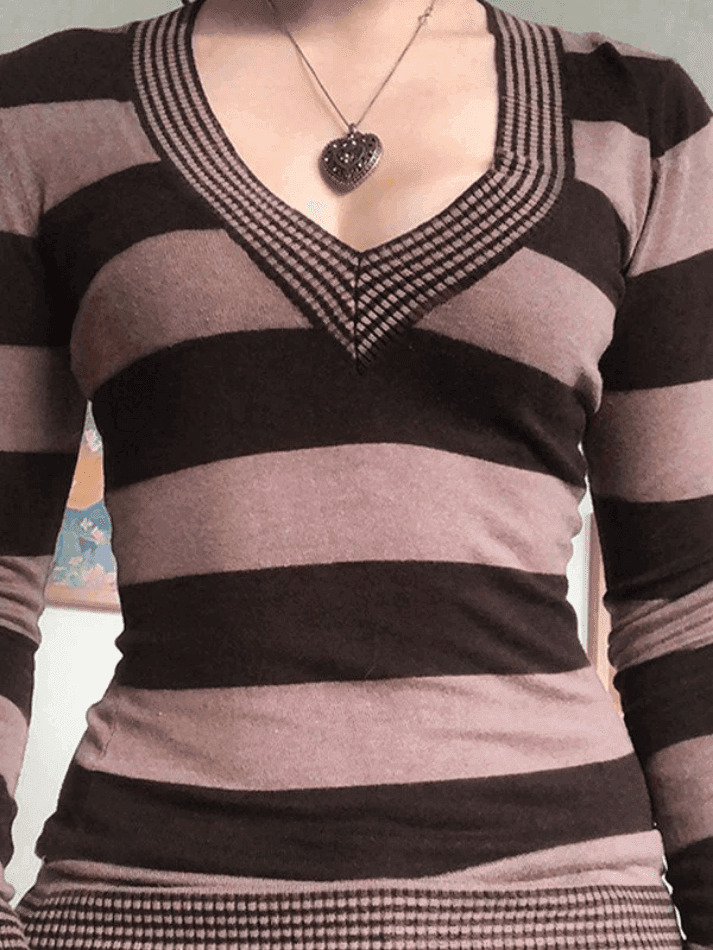 Coquette Aesthetic V-Neck Striped Knit Top - Y2K Fashion, Grunge Style, Cute Tops, Pastel Goth