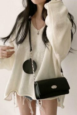 Coquette Aesthetic V-Neck Sweater: Y2K Fashion Loose Fit with Rolled Hem Detail