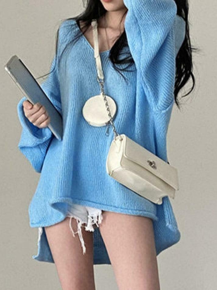 Coquette Aesthetic V-Neck Sweater: Y2K Fashion Loose Fit with Rolled Hem Detail Coquette Aesthetic V-Neck Sweater: Y2K Fashion Loose Fit with Rolled Hem Detail